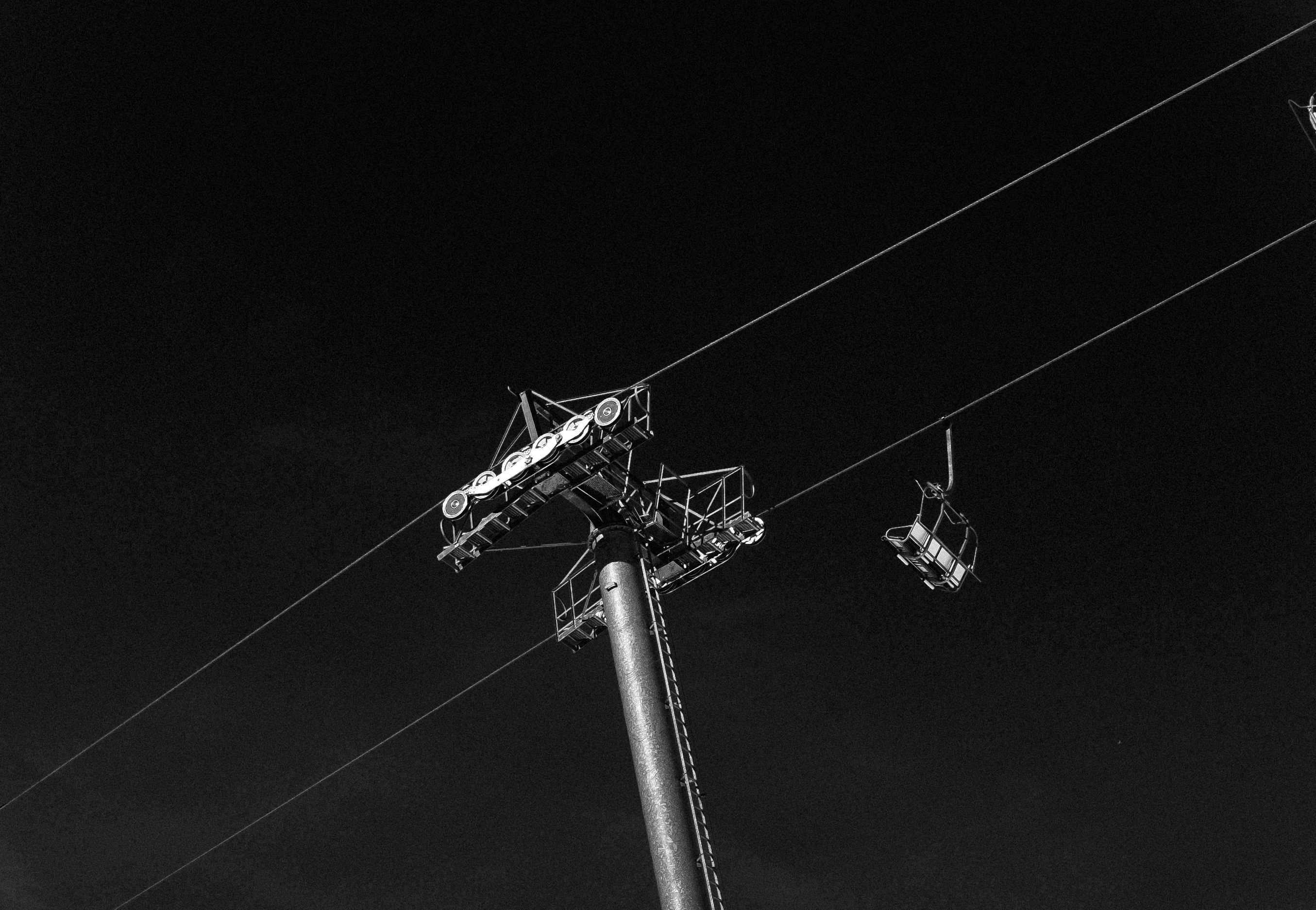 grayscale photograph of cable car